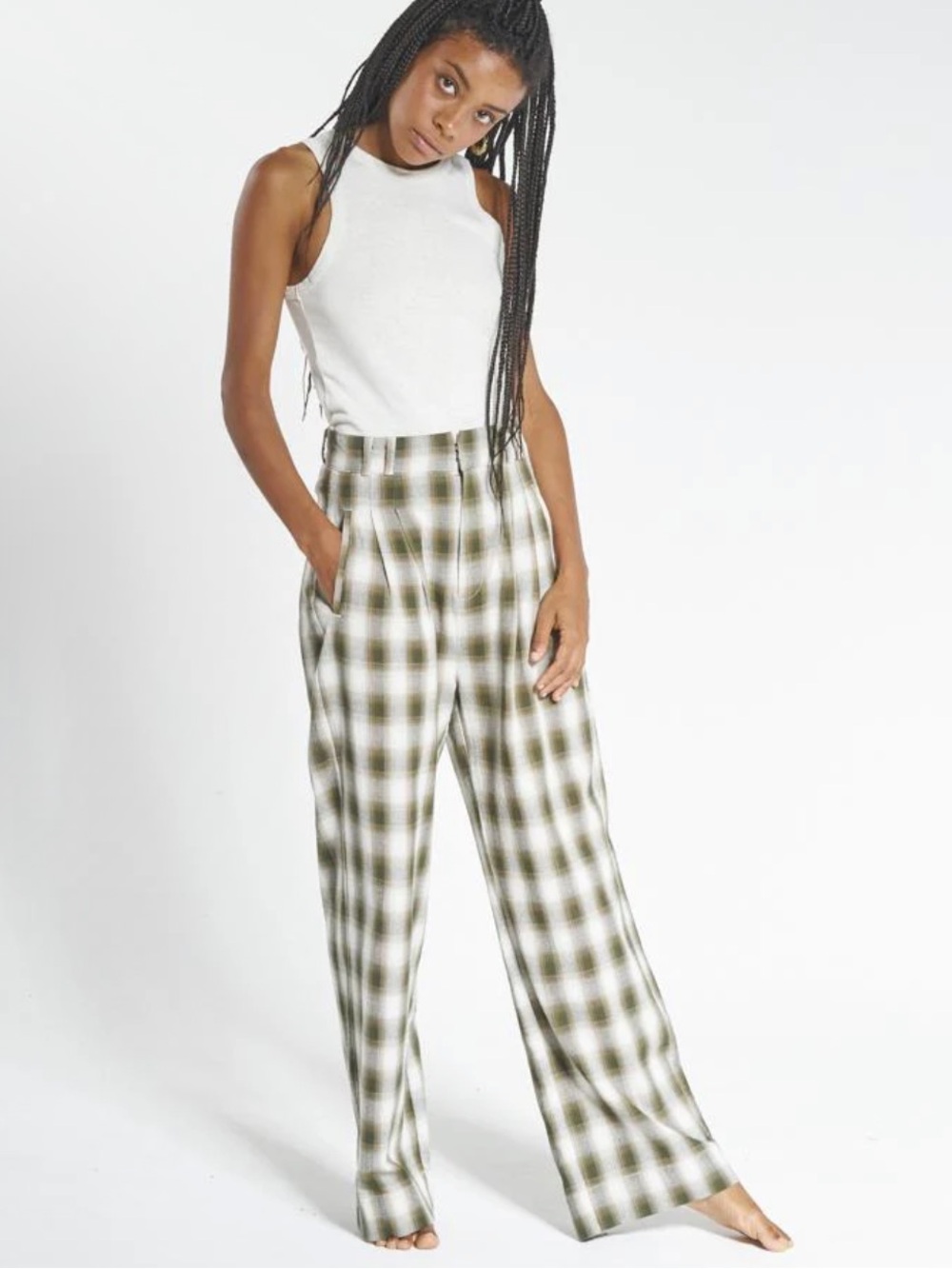 Thrills Wide Leg Plaid Trousers in Olive #242